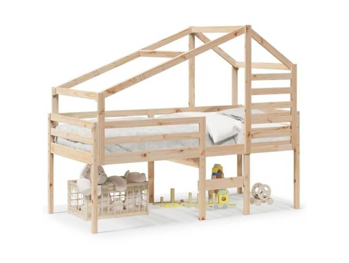 PUGYNBK Hochbett mit Massivholzdach aus Kiefernholz, 90 x 190 cm Mit Leiter und Geländer, Seitentür, Lattenrost im Lieferumfang enthalten, für kleine Räume