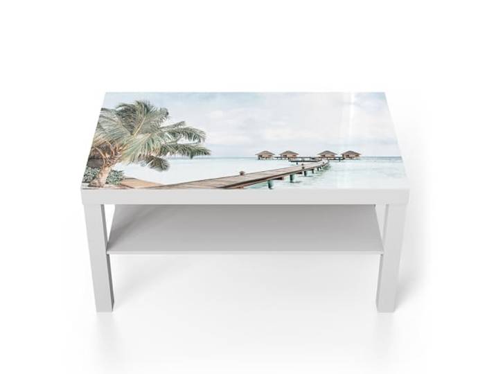DEQORI Glastisch weiß groß 90x50 cm Motiv Flucht ins Paradies ausgefallener Beistelltisch aus Glas Hochglanz Couchtisch fürs Wohnzimmer moderner Couch Tisch mit Design