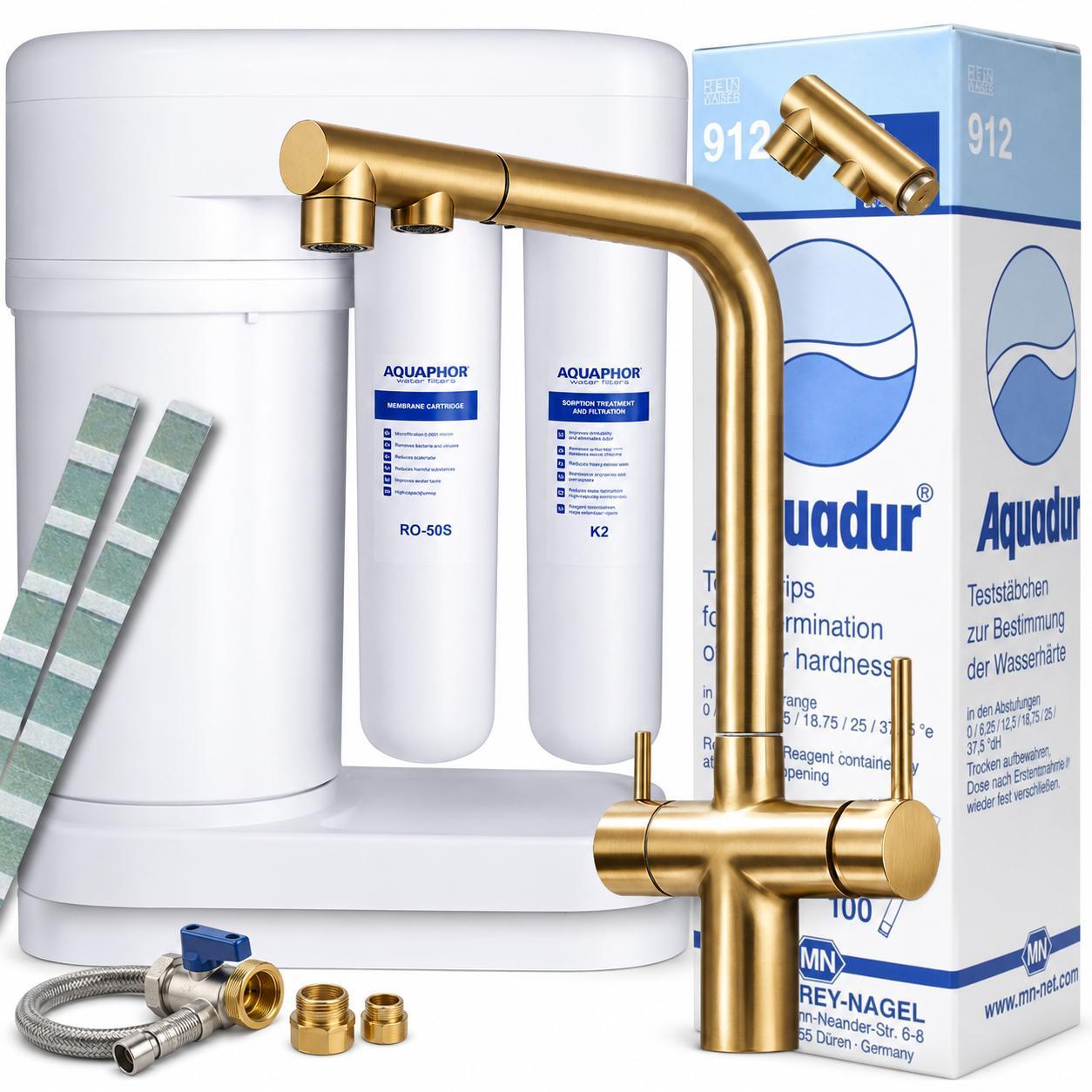 Wasserfilter Set Aquaphor Morion RO-101S mit 3-Wege Küchenarmatur Ari, ausziehbare Brause, 360° schwenkbar, Gold