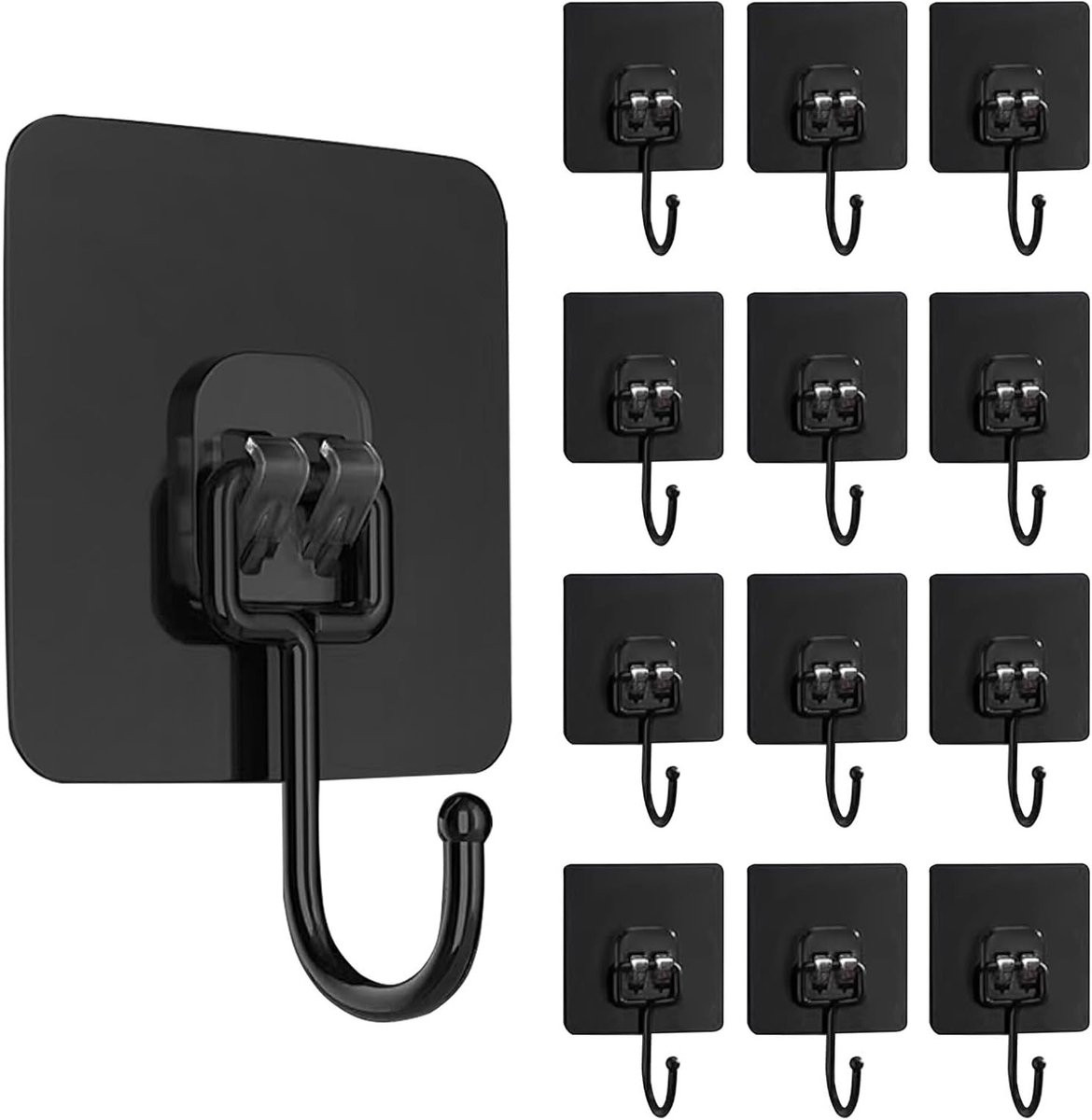 SnelShoppen Pack van 12 Zwarte Zelfklevende Haken, Max 30kg, Wandgemonteerd, Rvs en PVC