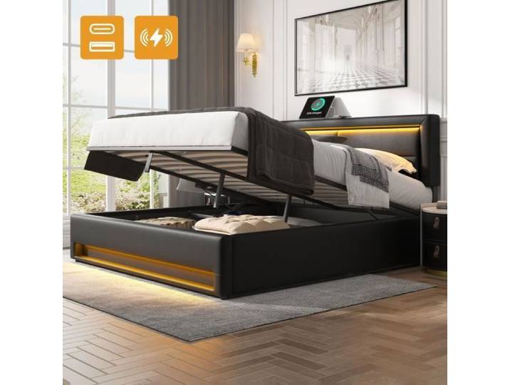 Lit coffre - LEYTN - 140x190cm - Rembourré en PU - Éclairage LED - Ports USB