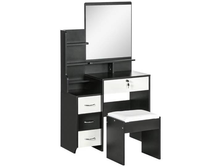 Ensemble coiffeuse tabouret miroir ANNABELLE noir et blanc