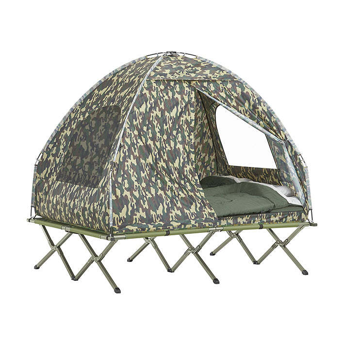 4-Personen-Zeltset - Reisezelt - Schlafsack - Campingliege mit Sitzgelegenheit - wasserdichtes Oxford-Nylon - einfache Montage - 193 cm x 188 cm x 145 cm - Tarnfarbe