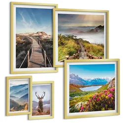BILDER SET 5er Set - 50x50 cm & 20x30 cm & 40x60 cm Goldrahmen - Berglandschaft, See, Hirsche