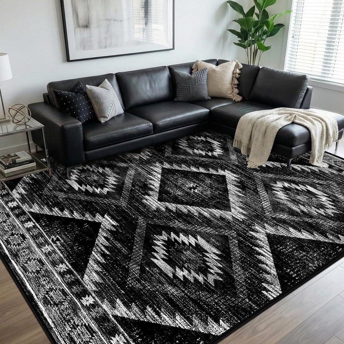 Modern geometrisch vloerkleed zwart, waterafstotend, rechthoekig