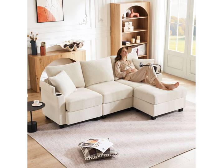 Canapé d'angle convertible - Convertible 3 places - Repose-pieds intégré - Porte-gobelet - Chargeur USB intégré