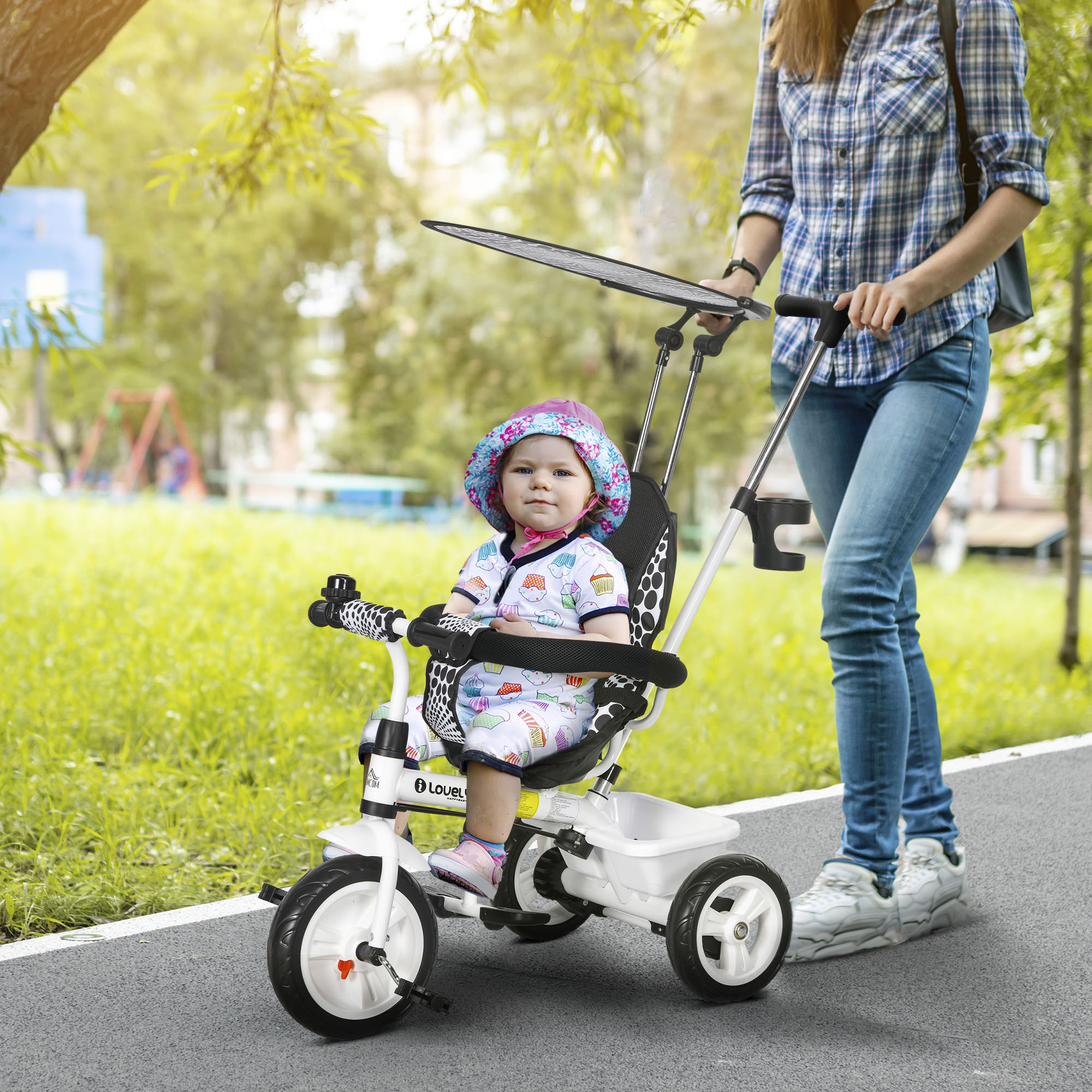Homcom Triciclo per Bambini con Maniglione di Spinta, Tettuccio, Barra di Sicurezza e Box, 105x47x89 cm, Bianco e Nero   Aosom Italy