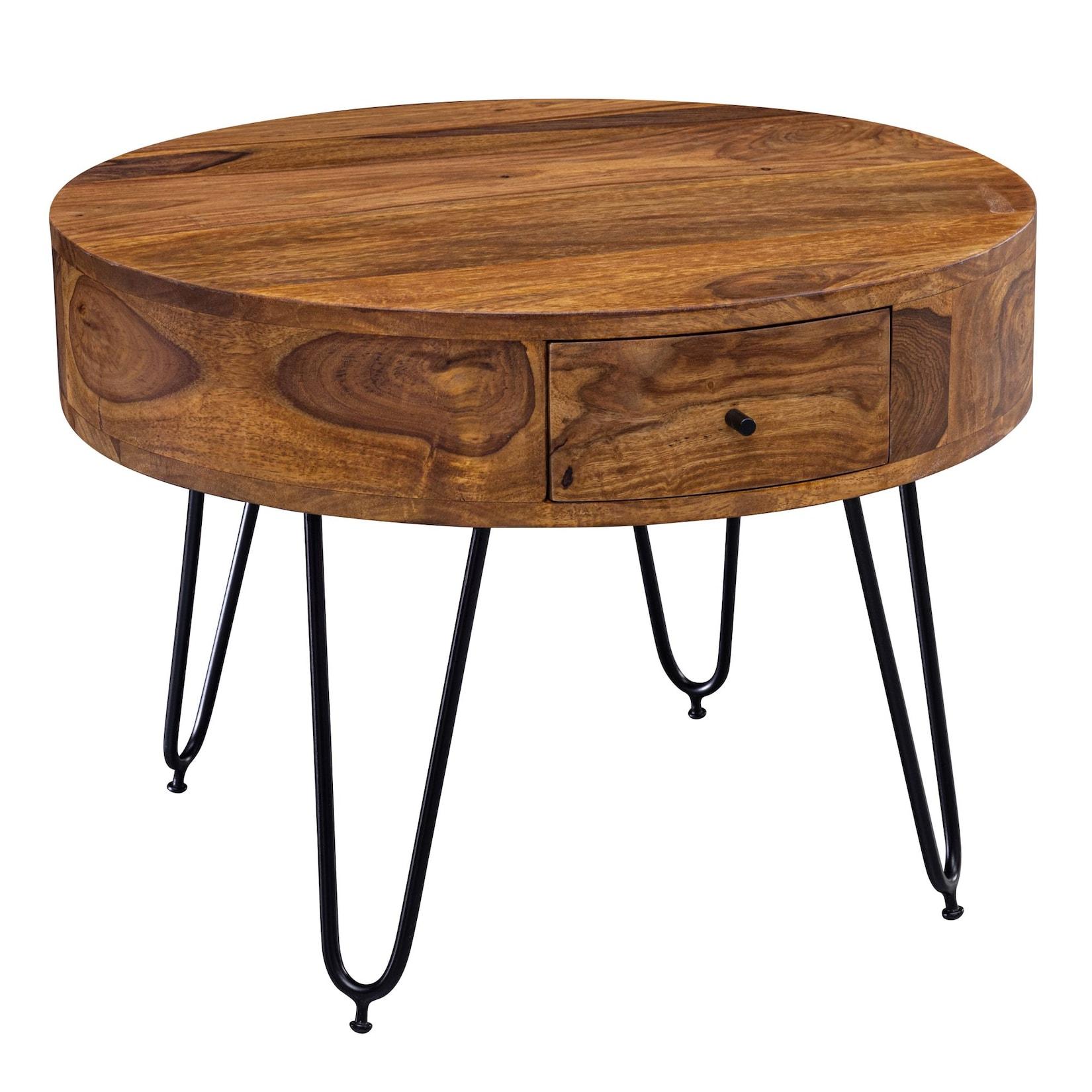 FineBuy Couchtisch Sheesham Massivholz rund Ø 60 cm Wohnzimmertisch Schublade