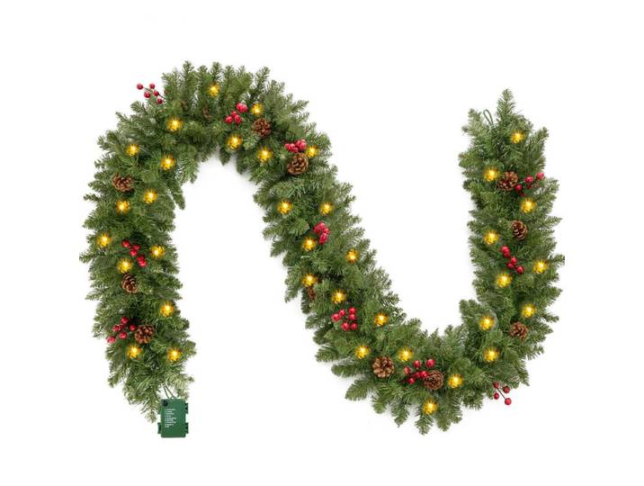 JOIEDOMI Guirlande de Noël artificielle 2,7 m avec 100 lumières LED, 27 pommes de pin et 27 baies rouges, Couronne de décoration de Noël pour escaliers, Porte d'entrée, Jardin, Cour, Décoration de sapin de Noël