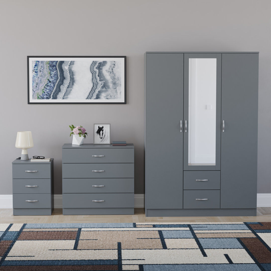 17 Stories Maybery 3 Piece Bedroom Set (3 Drawer Bedside Chest, 4 Drawer Chest, 3 Door 2 Drawer Mirrored Wardrobe), (5) Grey