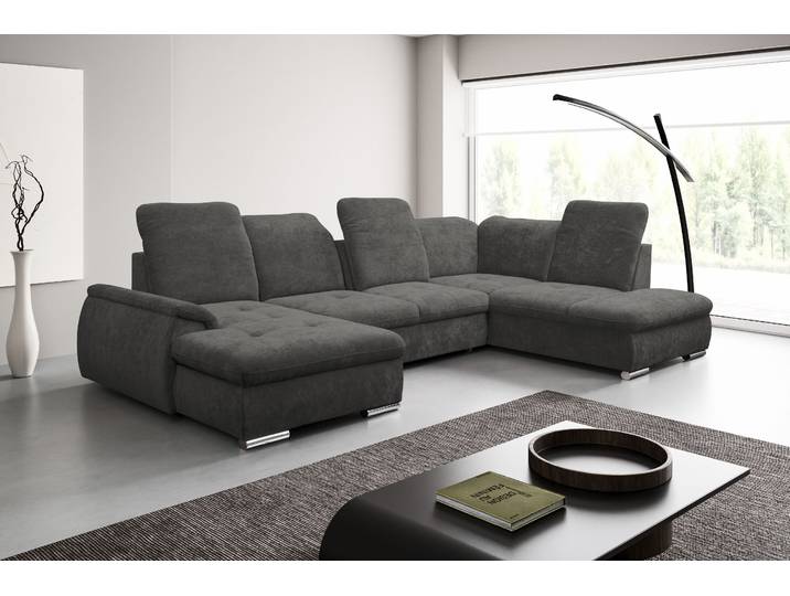 Wohnlandschaft WERK2 Pula 356 x 237 cm modern und bequem , grau, B:356cm H:105cm T:237cm, 100% Polyester, Sofas, Wohnlandschaft, U-Form, XXL, Schlaffunktion, Bettkasten, verstellbare Kopfteile