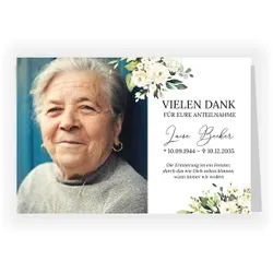 Dankeskarte Trauer: Weiße Rosen mit Fotos in Weiß