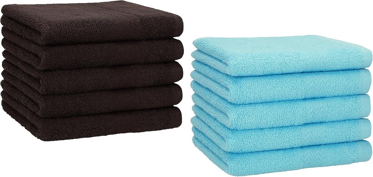 Set van 10 gastenhanddoeken van 100% katoen, 30x50 cm, donkerbruin en turquoise