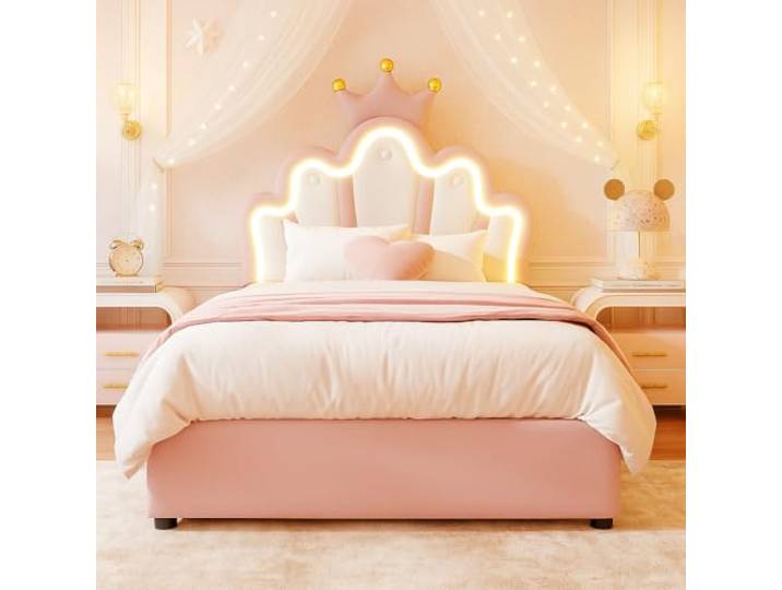 Merax Prinzessinnenbett 90x200 cm mit LED-Beleuchtung, Polsterbett mit Stauraum & hydraulischem Hebemechanismus, Kinderbett Mädchen im Kronen-Design, Jugendbett aus PU, Rosa