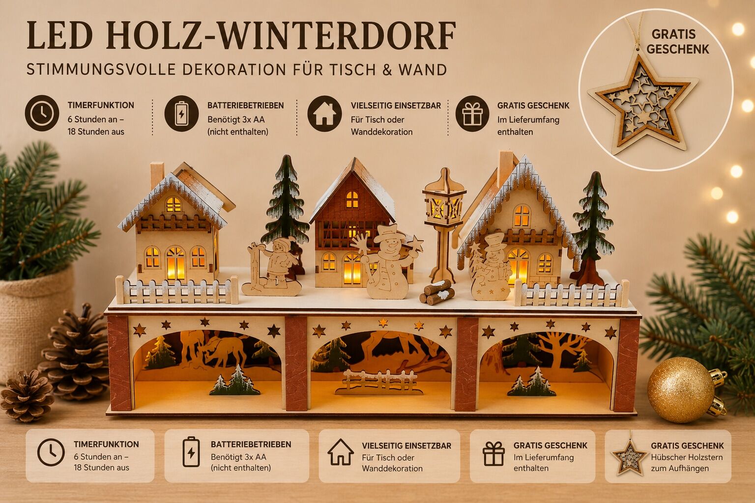 LED Dekoobjekt OTTO HOME "Weihnachtsdekoration aus Holz", braun (rot), B:45cm H:22cm L:11cm, Leuchten, mehrdimensionale Szenerie, Gratis-Hänger, 6h-Timer, Höhe 22 cm