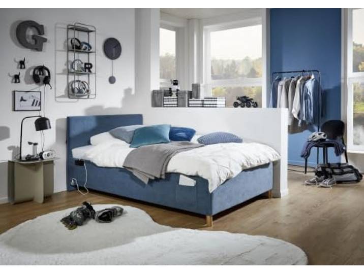 Meise Möbel Kinderbett Cool 140x200 cm Bettgestell Kopfteil glatt Cordstoff Ocean Holzfuß eichefarbig