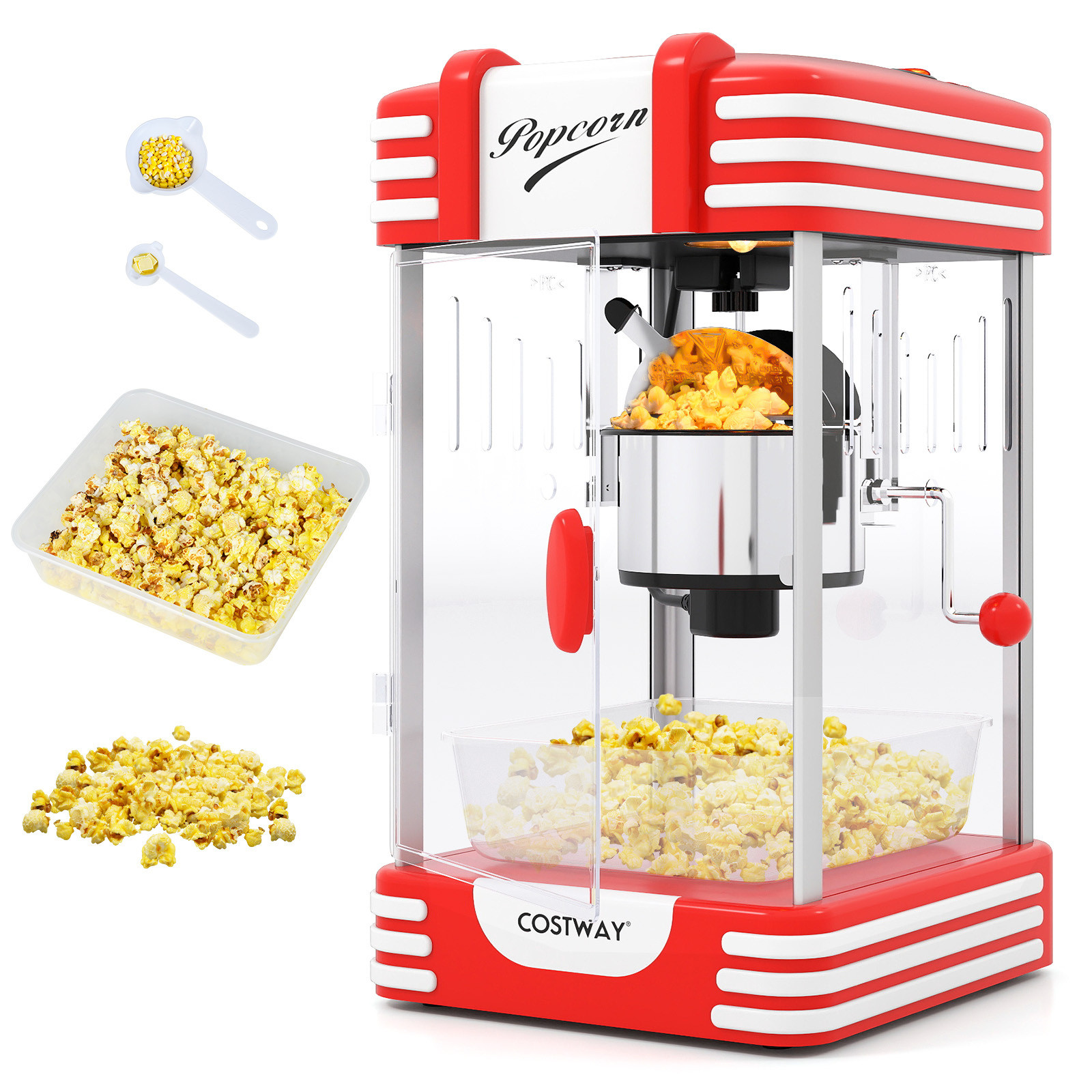 Costway Retro Popcornmachine in Bioscoopstijl met Warmhoudlamp en Handkruk, Rood, 300 W