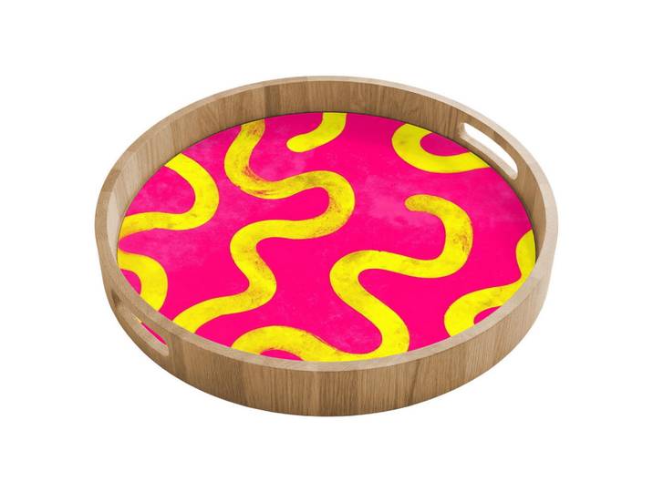 OnlyWow Tablett - Linie - Gelb - Abstrakt - 40x40 cm, Pink, Holz, Echtholz,Eiche, Rund, 40x5x5 cm, Geschirr, Tischkultur & Serviergeschirr, Tabletts
