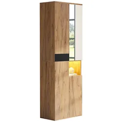 OKWISH Hoher Schrank Spiegelschrank 65x35x190 mit 4 Türen offenes Fach Flurschrank Stauraum modern Schwarz/Natur