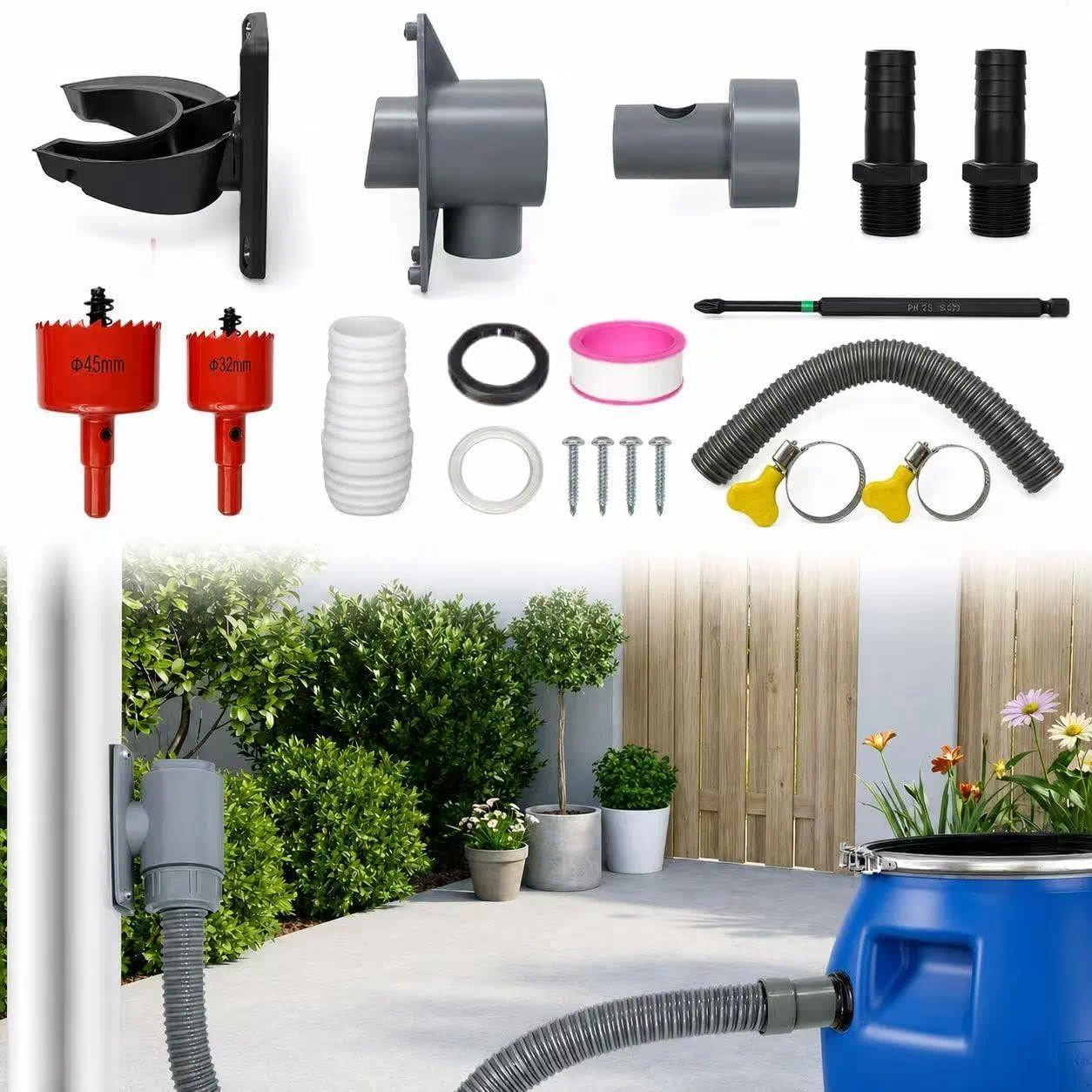 Solidchoice Regenwatersammler voor afvoerpijpen 70-110mm met accessoires en 100cm slang