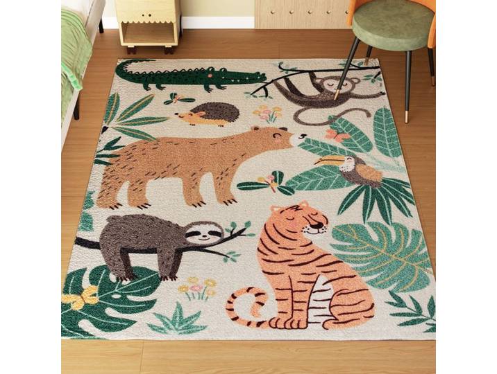 Tapis en Polaire Motif Jungle Entretien Facile Blanc Crème et Coloré