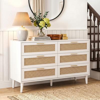 Uixe Modern Solid Wood Rattan Storage Cabinet with Six-drawer Dresser