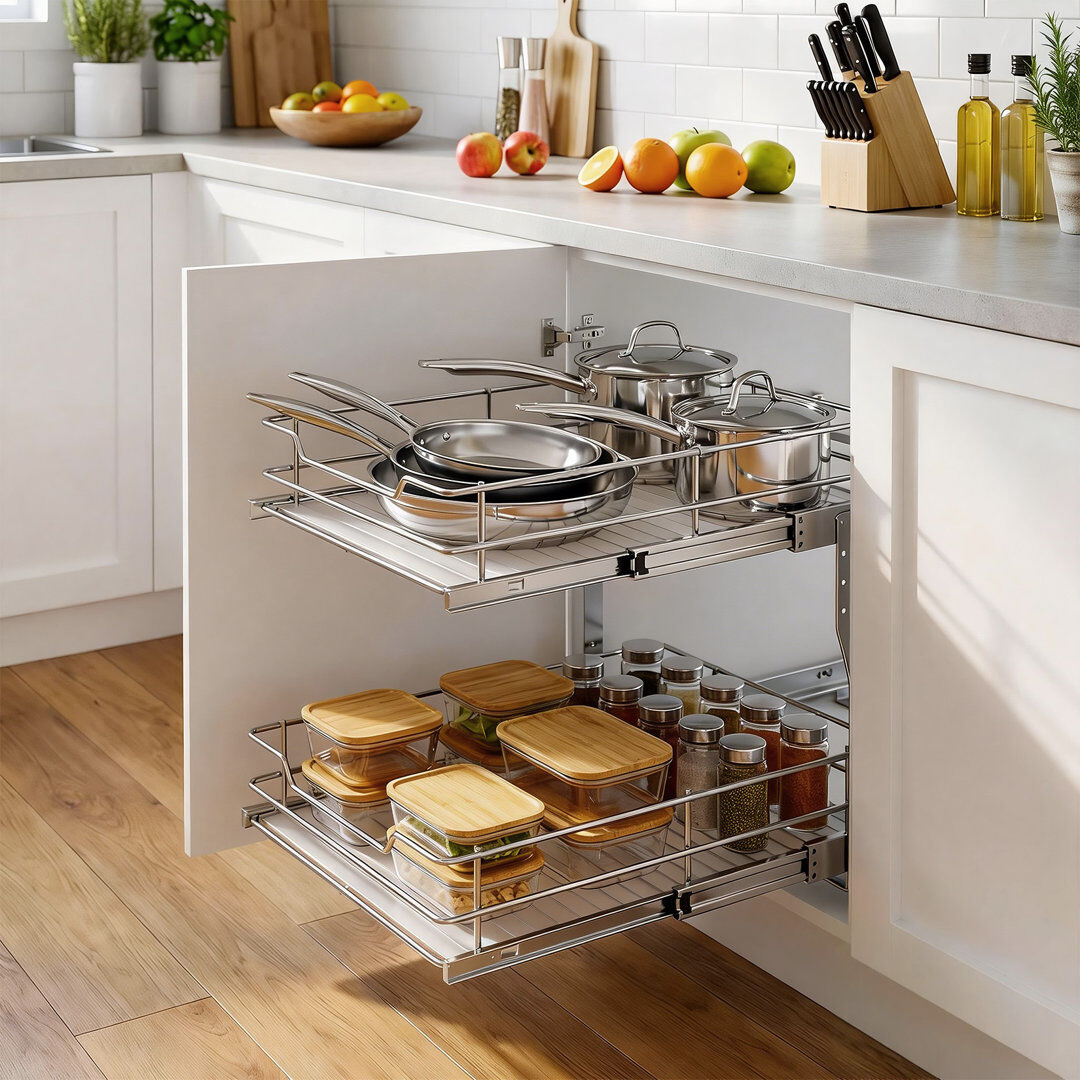 Blue Elephant Kitchen Cabinet Pull-Out Basket - Metal Pull-Out Drawer, Double Layer Slide Rail, 14x21 Inch, Sliding Drawer Silver 30.5cm H x 50.8cm W x 53.3cm D