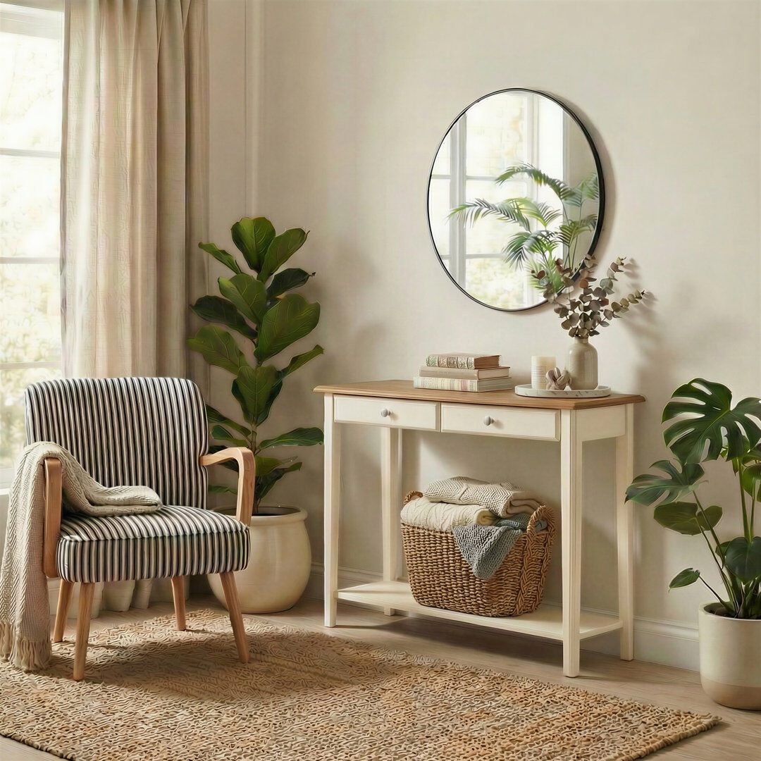 Ophelia & Co. Sodhi Two Storage Drawer Rectangular Wooden Console Table - Soft Rustic Design Oak/Cream 113cm H X 51cm W X 19cm D