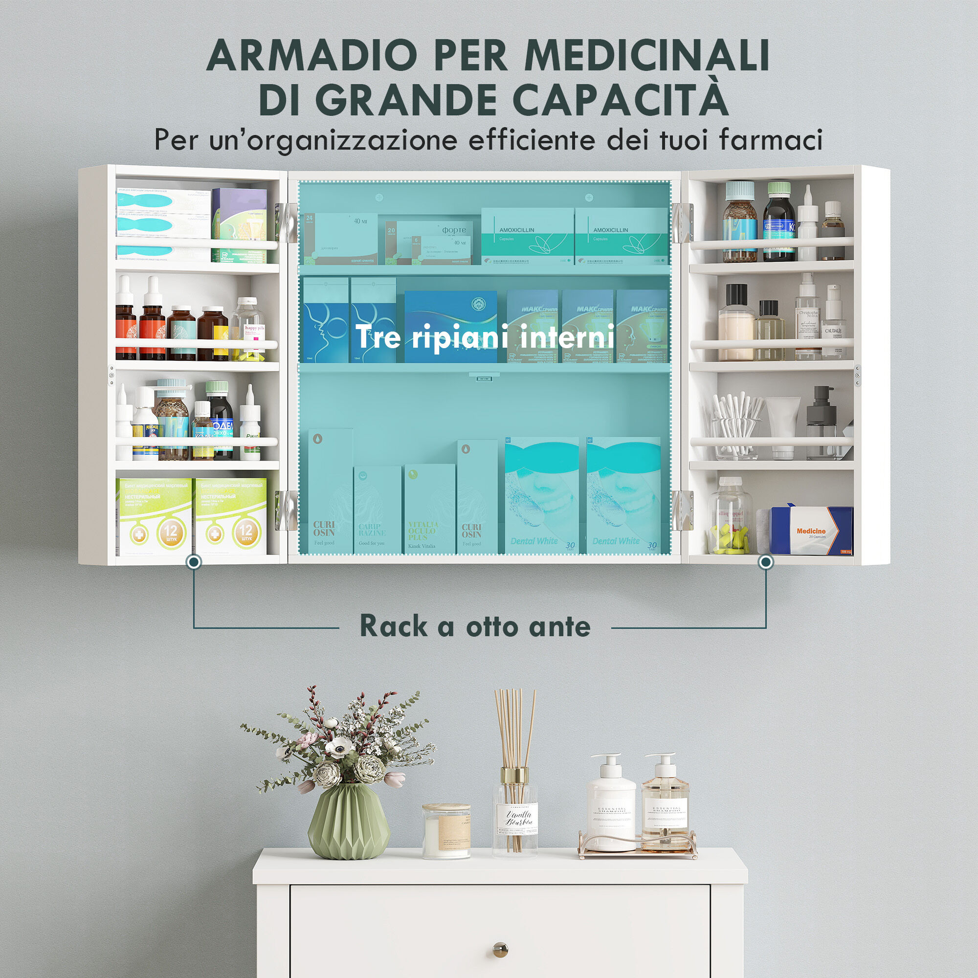 Altro Armadietto Medicinali Con 3 Mensole Interne E 8 Portabottiglie, In Legno E Metallo, 53x20x53 Cm, Bianco