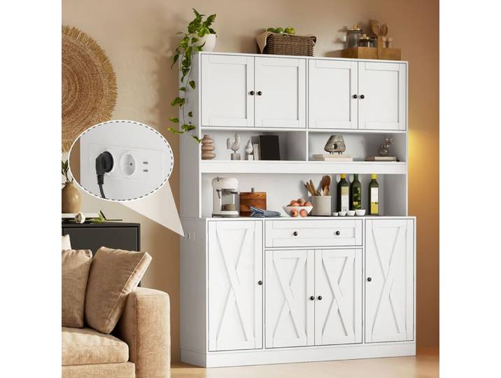 Buffet cuisine avec comptoir et branchement électrique 140 × 40 × 185 cm Grande armoire de cuisine avec tiroir Blanc