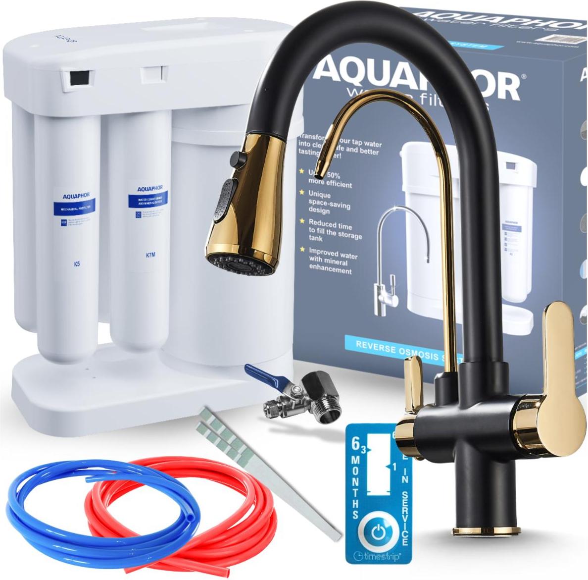 Wasserfilter Set Morion mit 3-Wege Küchenarmatur Nordic Schwarz Gold, Umkehrosmose, ausziehbare Brause, 360° schwenkbar