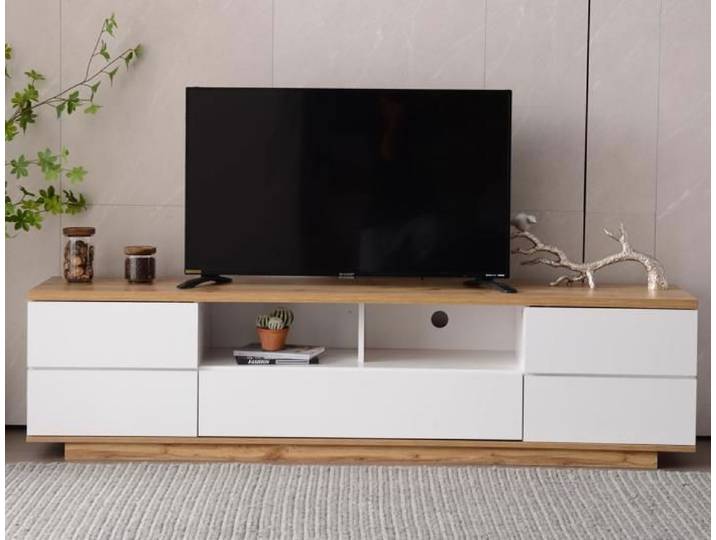 Meuble TV Moderne Blanc en Bois - 5 Portes 8 Compartiments Armoire de Télévision Buffet Salon Bas - 180x38x46cm