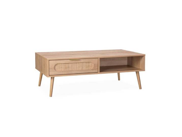 sweeek - Table basse rectangulaire décor bois et cannage arrondi 1 tiroir EVA
