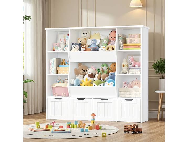 Getone Bibliothèque Enfant Meuble Rangement Enfant avec 9 Étagères 4 Tiroirs Roulants Rangement Jouet Enfant pour Salle de Jeu Meuble de Rangement pour Chambre d’Enfant 124.5x35x118cm Blanc/Rose
