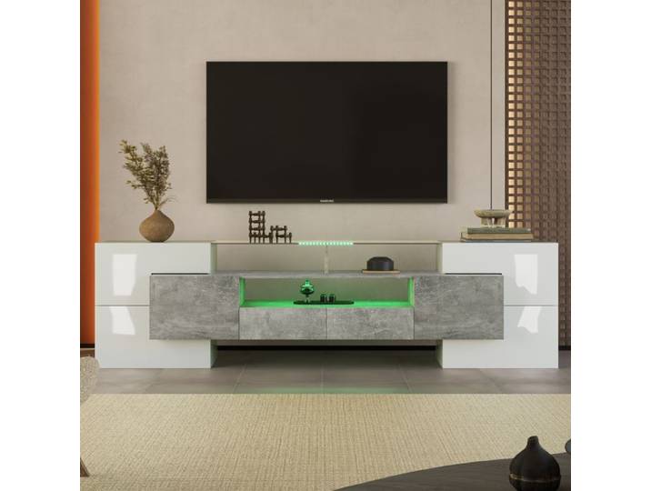 Meuble TV - 200cm - Éclairage LED - Surface en verre - Blanc brillant et béton
