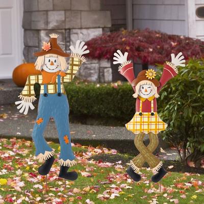 Glitzhome Fall Thanksgiving Metal Scarecrow Boy & Girl Yard Stake Porch Decor