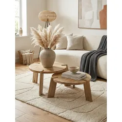 Couchtisch 2er Set Mango Massivholz Rund, Hellbraun 53x53x32 cm