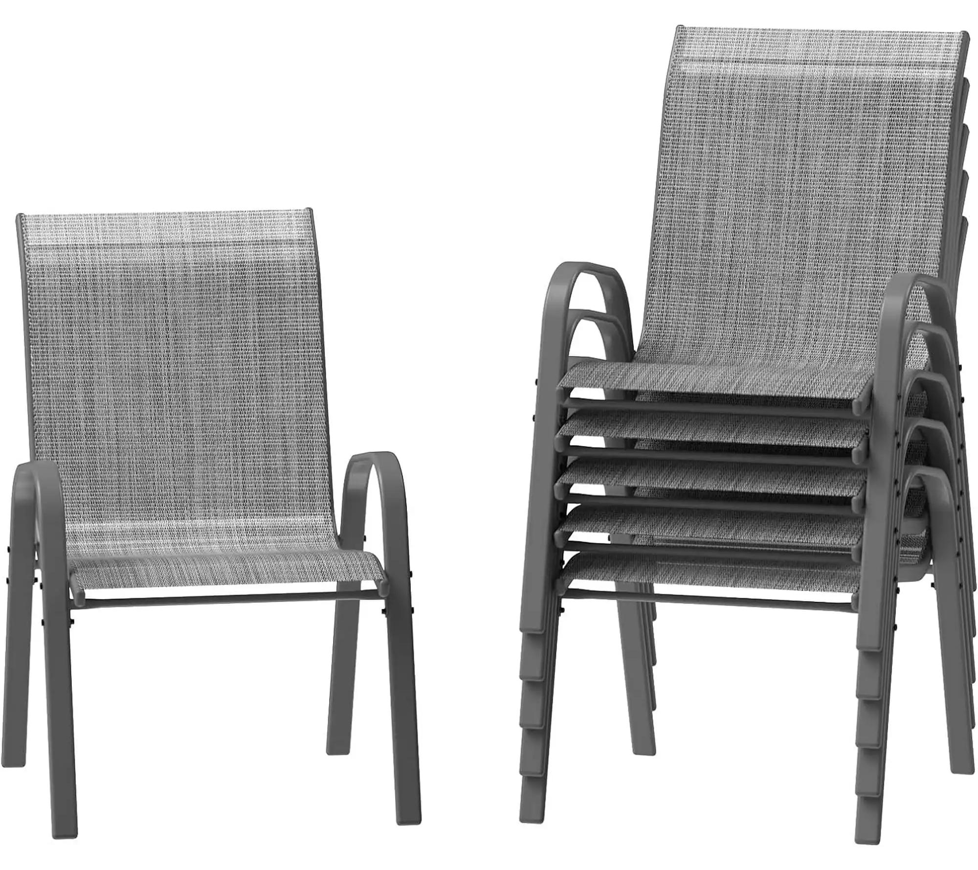 Stapelhbare Gartenstühle - 6er Set Outdoor Essstühle - Metallrahmen - Teslin Gewebe - Hohe Rückenlehne mit Armlehnen - Grau
