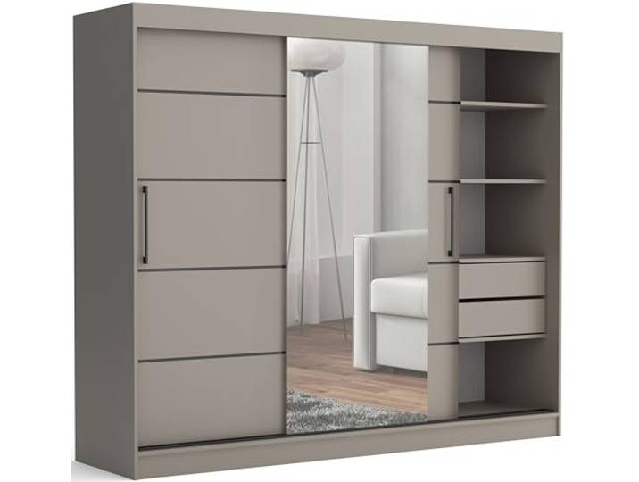 Brent - Kleiderschrank mit Spiegel und Schubladen 235cm Breit Chelsea Tomy, Schwebetürenschrank mit Spiegel, Schlafzimmerschrank, Kleiderschrank Stein