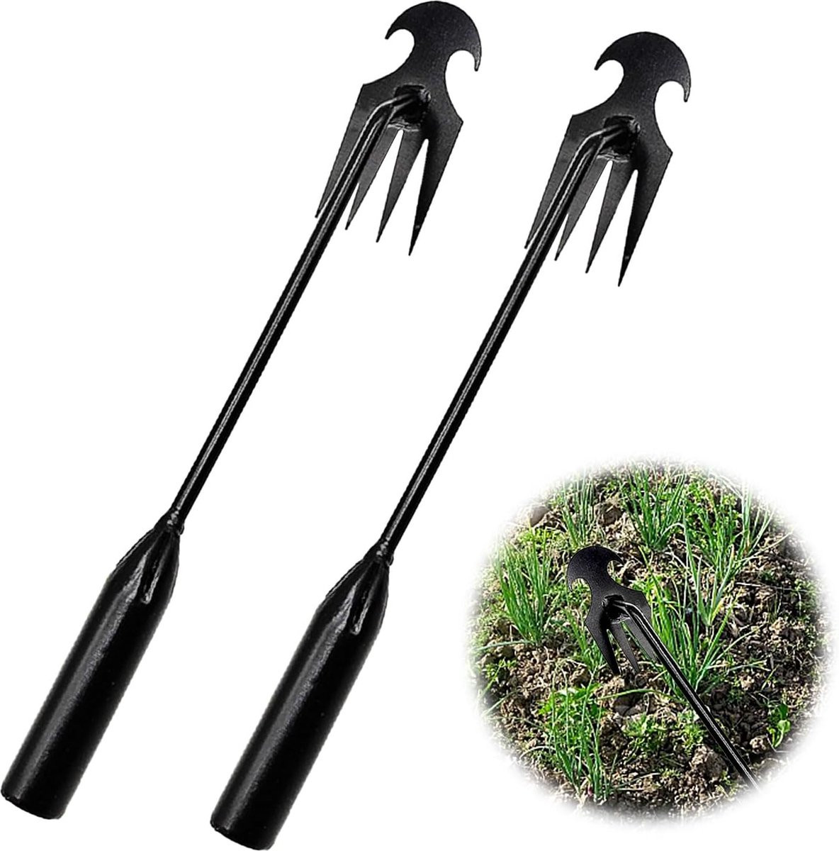 Set van 2 roestvrijstalen onkruidstekers met lange steel, zwart, handmatige onkruidverwijderaars voor de tuin