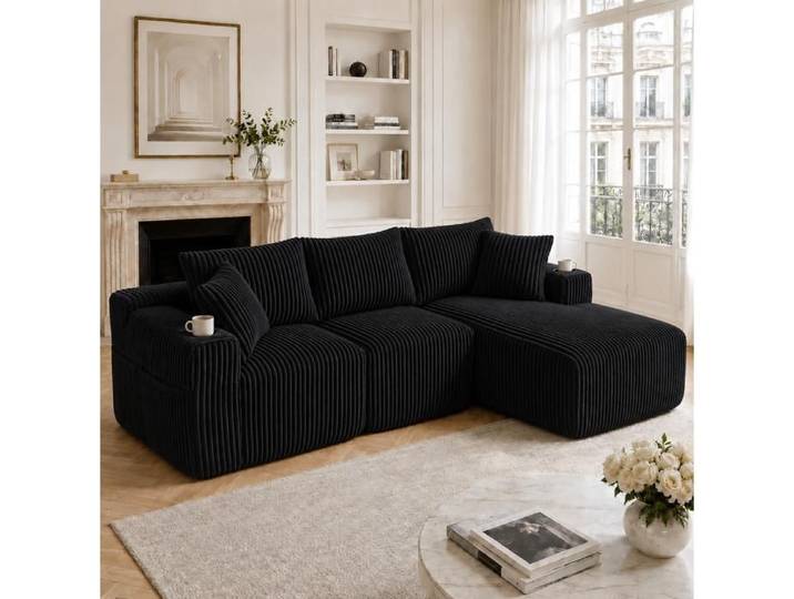 JOINERY Canapé Angle Modulable Méridienne Droite 3 Places Velours Côtelé Noir 5 Coussins Poches Porte Gobelet Sans Montage