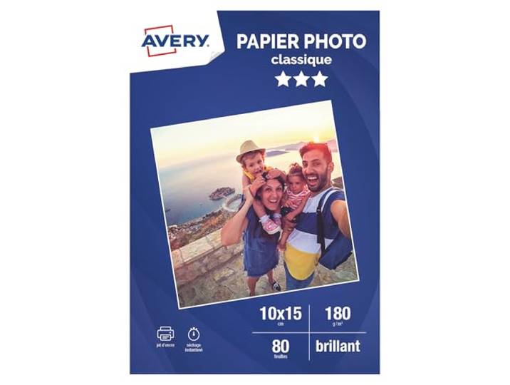 Avery C2570-80 80 feuilles de papier photo brillant 10 × 15cm 180g/m² 80 feuilles papier photo brillant\, 180g\, jet d'encre\, 10 × 15cm