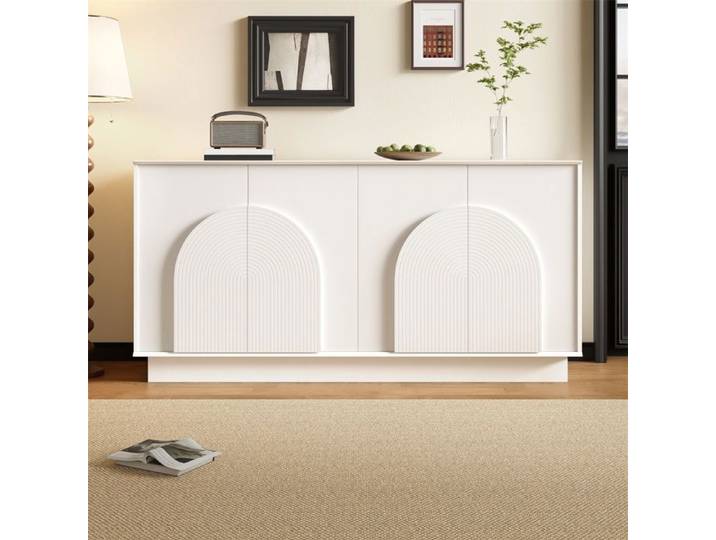 Sideboard - Buffet de cuisine avec 4 Portes à Motif Arc - Meuble de Rangement Élégant pour Salon et Salle à Manger - Blanc