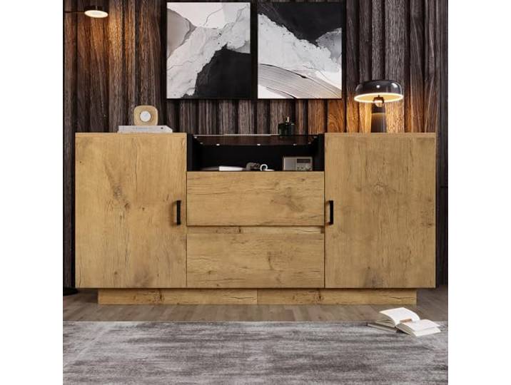 Kommode Sideboard Eiche mit 2 Schränken 2 Schubladen, H70/B140/T40 cm offenes Fach, ESG-Glas, schwarze Griffe, höhenverstellbare Einlegeböden, für Wohnzimmer Esszimmer Flur