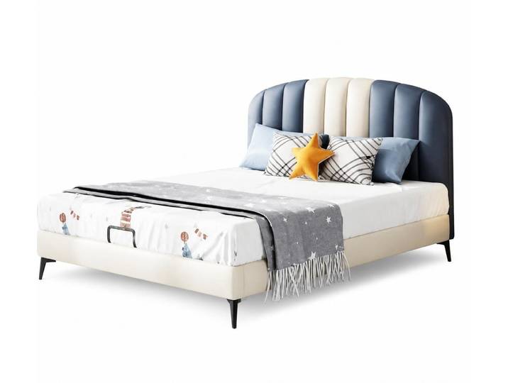 Xlmoebel Kinderbett Beige-blaues Lederbett für Kinder und Jugendliche aus Holz, Made in Europa