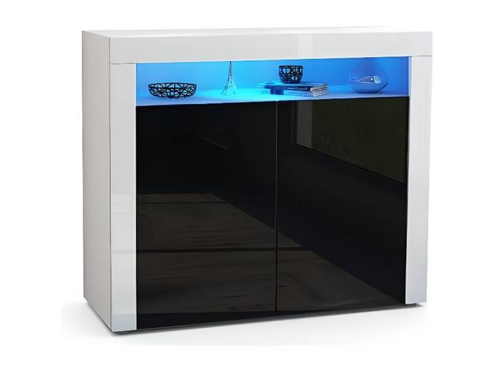 Vladon Commode buffet Valencia en Blanc mat - Noir haute brillance - Blanc haute brillance