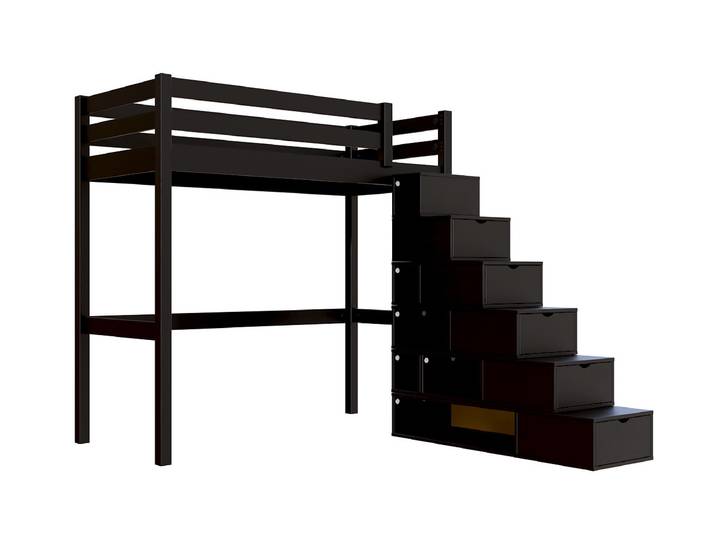 Lit mezzanine bois 90x200 Sylvia avec escalier cube 90x200 Noir