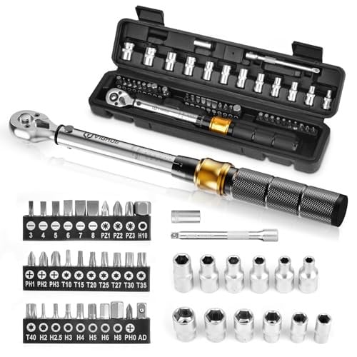 VIGRUE Momentsleutelset 1/4 inch voor fiets en motorfiets, 5-25 Nm ± 4% nauwkeurigheid, inclusief verlengstang, universeel gewricht, magnetische bougiehuls en bits