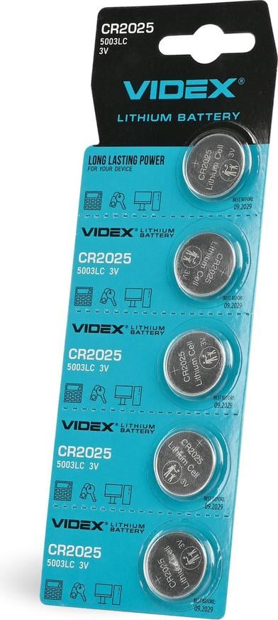 Videx CR2025 lithiumbatterij, 5 stuks, blisterverpakking
