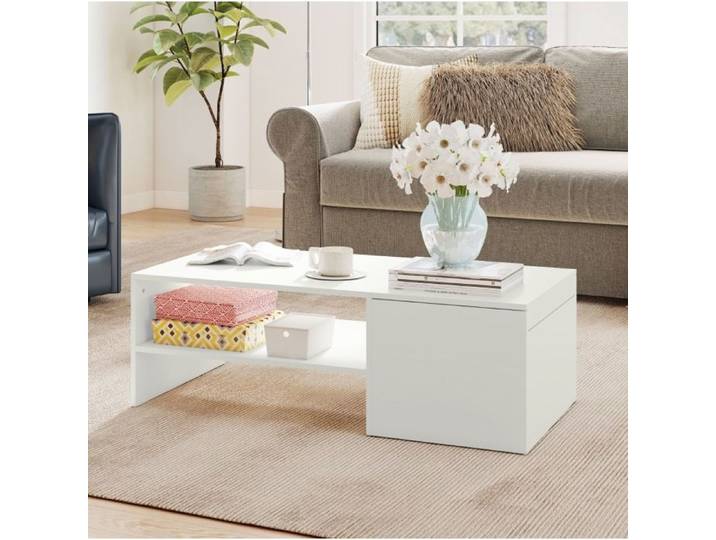 Table basse modulable AESVAR blanche 110 x 52 x 36 cm avec rangement caché et étagère ouverte